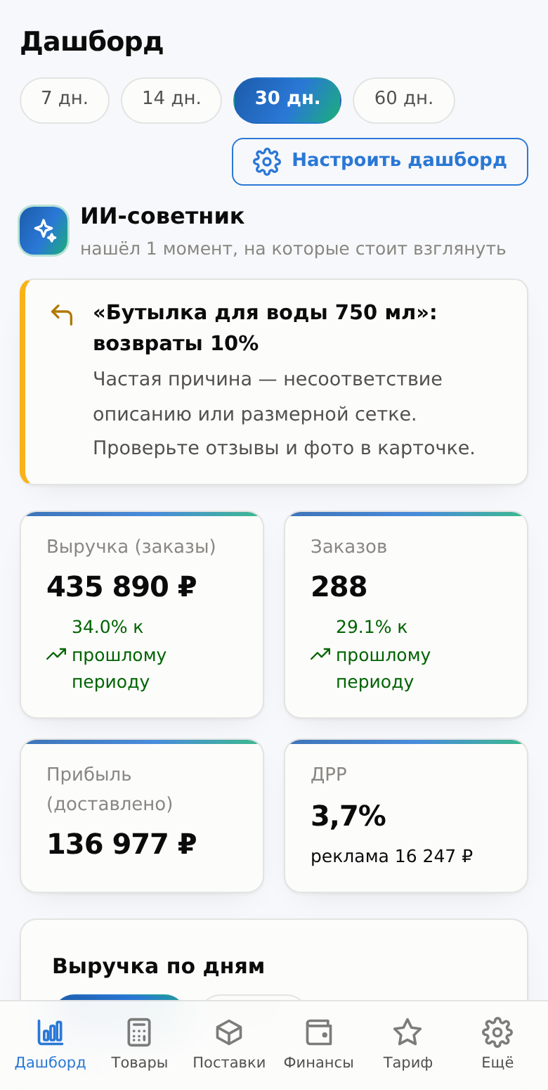 Мобильное приложение SellMetrica: дашборд с ИИ-советником